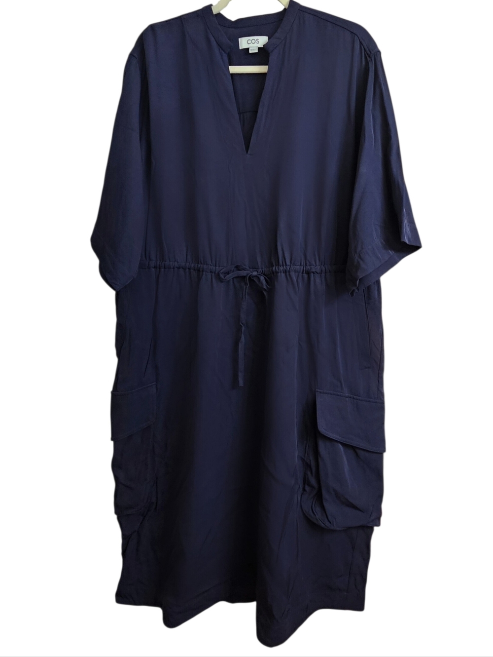 COS Navy Utility Shirt Dress Minimalist Relaxed Fit with Cargo Pockets Size 40